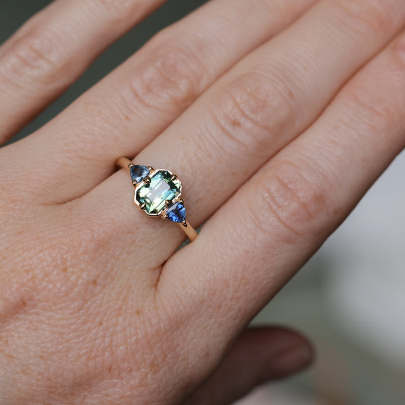 1.24ct Untreated Emerald Cut Parti Madagascar Sapphire and Trillion Sapphire Compass Set Low Profile Ring in 14k Yellow Gold