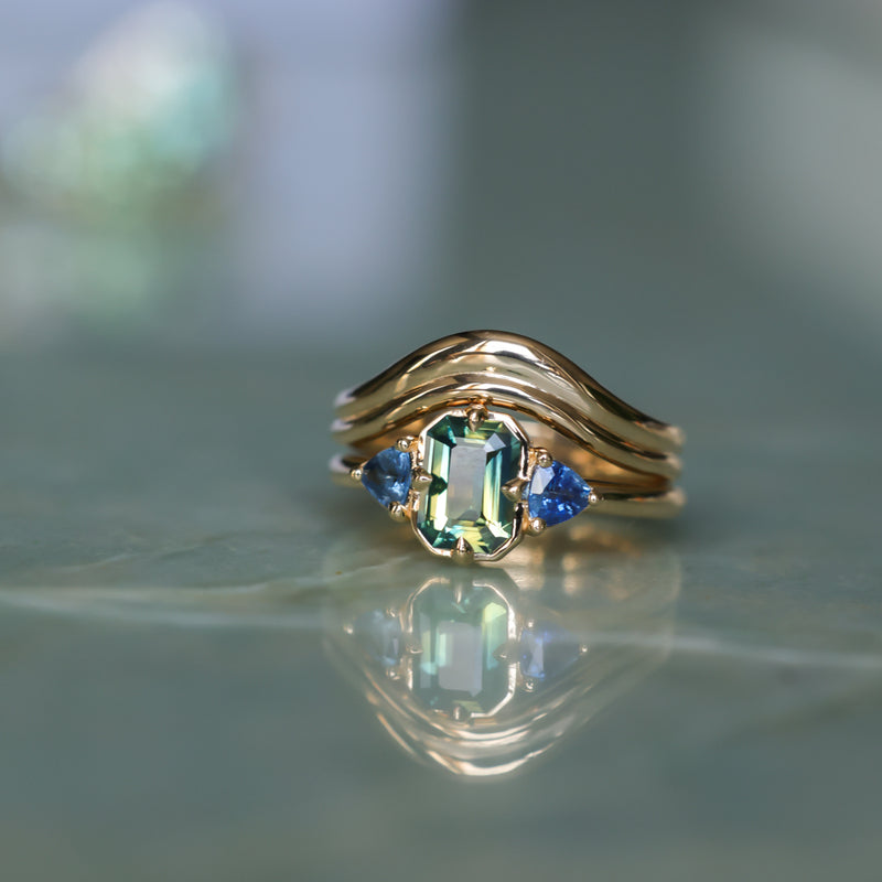 1.24ct Untreated Emerald Cut Parti Madagascar Sapphire and Trillion Sapphire Compass Set Low Profile Ring in 14k Yellow Gold