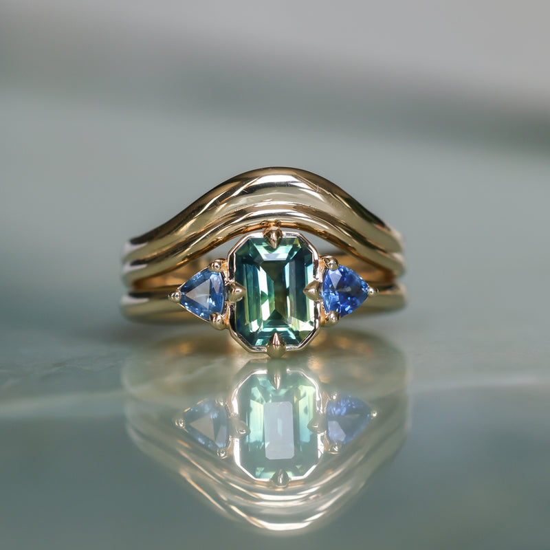 1.24ct Untreated Emerald Cut Parti Madagascar Sapphire and Trillion Sapphire Compass Set Low Profile Ring in 14k Yellow Gold