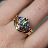 1.24ct Untreated Emerald Cut Parti Madagascar Sapphire and Trillion Sapphire Compass Set Low Profile Ring in 14k Yellow Gold