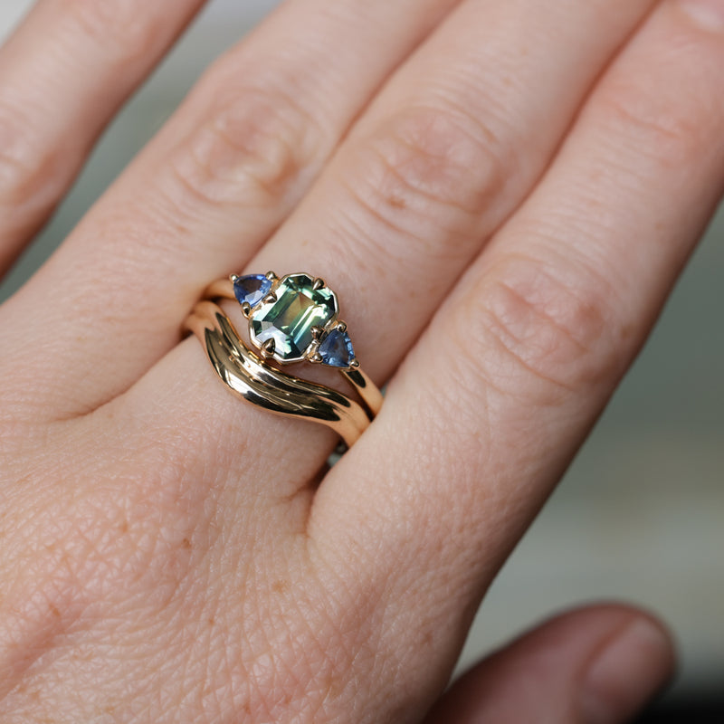 1.24ct Untreated Emerald Cut Parti Madagascar Sapphire and Trillion Sapphire Compass Set Low Profile Ring in 14k Yellow Gold