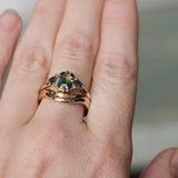 1.24ct Untreated Emerald Cut Parti Madagascar Sapphire and Trillion Sapphire Compass Set Low Profile Ring in 14k Yellow Gold