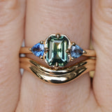 1.24ct Untreated Emerald Cut Parti Madagascar Sapphire and Trillion Sapphire Compass Set Low Profile Ring in 14k Yellow Gold