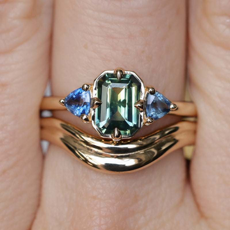 1.24ct Untreated Emerald Cut Parti Madagascar Sapphire and Trillion Sapphire Compass Set Low Profile Ring in 14k Yellow Gold