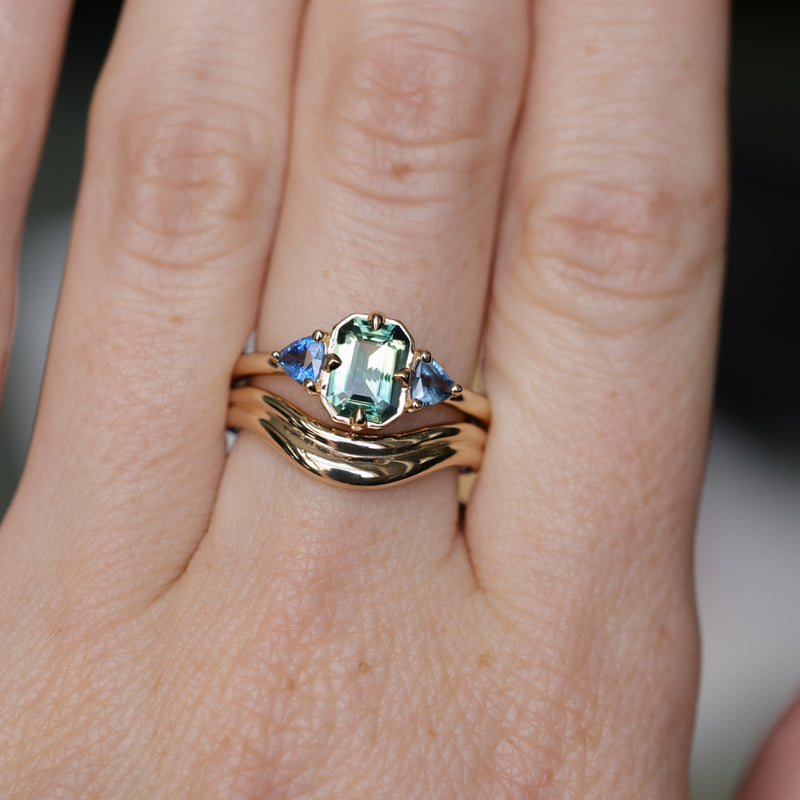 1.24ct Untreated Emerald Cut Parti Madagascar Sapphire and Trillion Sapphire Compass Set Low Profile Ring in 14k Yellow Gold