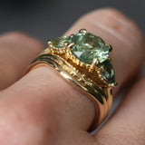 2.75ct Round Untreated Parti Montana Sapphire and Pear Montana Sapphire Three Stone Low Profile Scallop Ring in 18k Yellow Gold