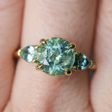 2.75ct Round Untreated Parti Montana Sapphire and Pear Montana Sapphire Three Stone Low Profile Scallop Ring in 18k Yellow Gold