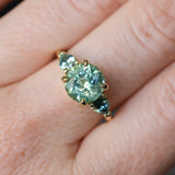 2.75ct Round Untreated Parti Montana Sapphire and Pear Montana Sapphire Three Stone Low Profile Scallop Ring in 18k Yellow Gold