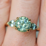 2.75ct Round Untreated Parti Montana Sapphire and Pear Montana Sapphire Three Stone Low Profile Scallop Ring in 18k Yellow Gold