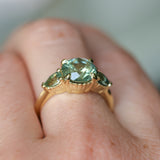 2.75ct Round Untreated Parti Montana Sapphire and Pear Montana Sapphire Three Stone Low Profile Scallop Ring in 18k Yellow Gold