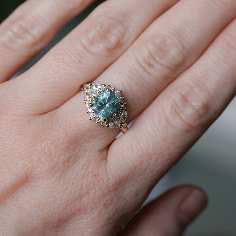 2.70ct Untreated Radiant Cut Montana Sapphire and Diamond Floral Halo in 14k Yellow Gold