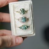 2.75ct Round Untreated Parti Montana Sapphire and Pear Montana Sapphire Three Stone Low Profile Scallop Ring in 18k Yellow Gold