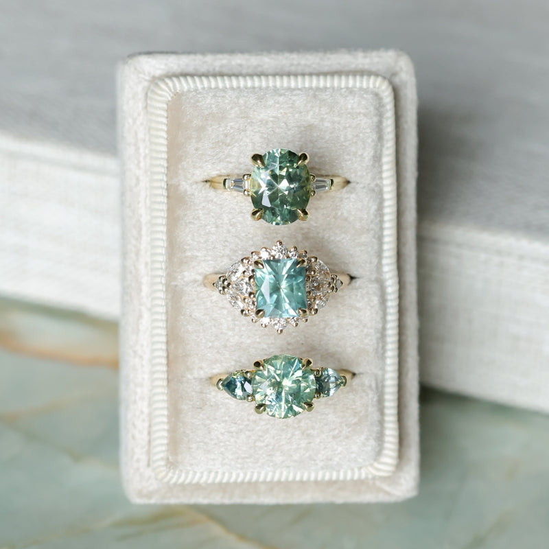 3.50ct Oval Untreated Montana Sapphire and Tapered Baguette Diamond Stackable 4 Prong Ring With Euro Shank in 18k Yellow Gold