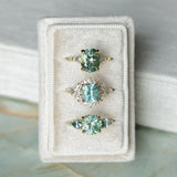 2.75ct Round Untreated Parti Montana Sapphire and Pear Montana Sapphire Three Stone Low Profile Scallop Ring in 18k Yellow Gold