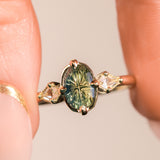 1.45ct Parti Australian Fantasy Cut Sapphire and White Australian Kite Sapphire Antique Milgrain Three Stone Low Profile Ring in 18k Yellow Gold