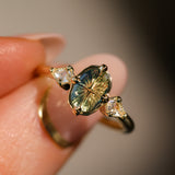 1.45ct Parti Australian Fantasy Cut Sapphire and White Australian Kite Sapphire Antique Milgrain Three Stone Low Profile Ring in 18k Yellow Gold