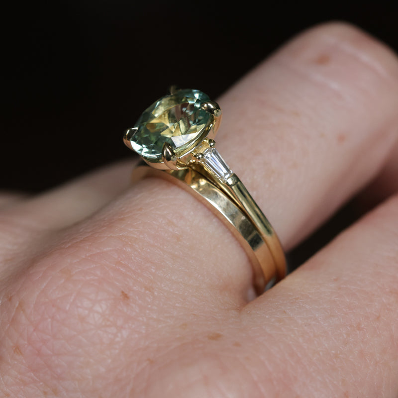 3.50ct Oval Untreated Montana Sapphire and Tapered Baguette Diamond Stackable 4 Prong Ring With Euro Shank in 18k Yellow Gold