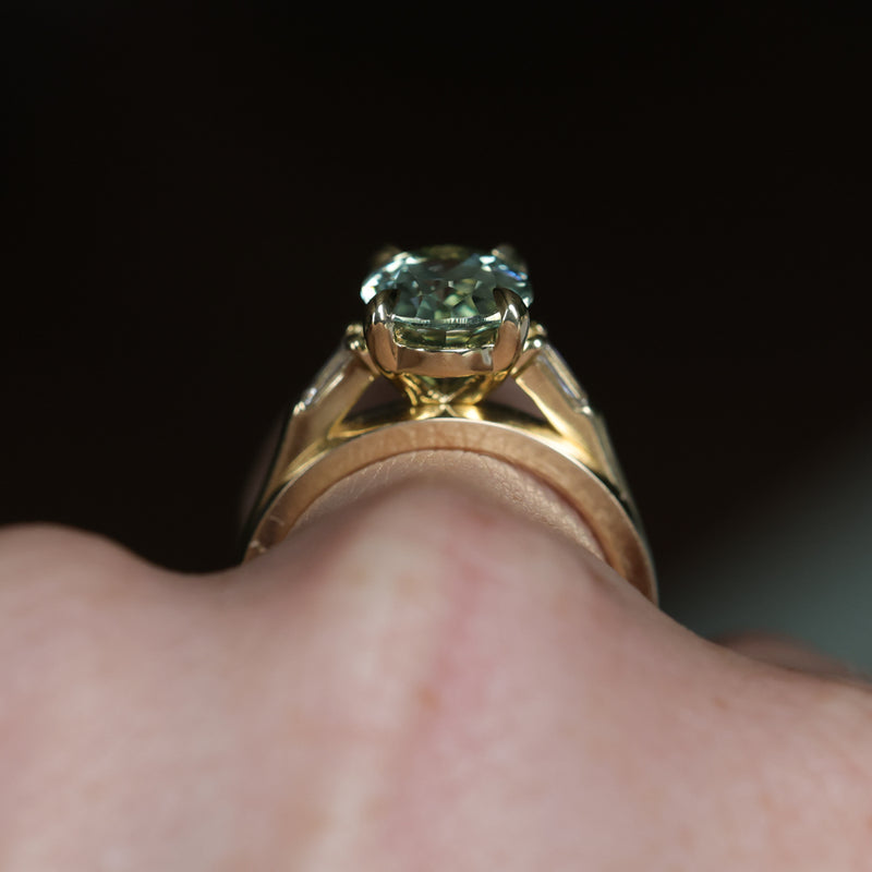 3.50ct Oval Untreated Montana Sapphire and Tapered Baguette Diamond Stackable 4 Prong Ring With Euro Shank in 18k Yellow Gold