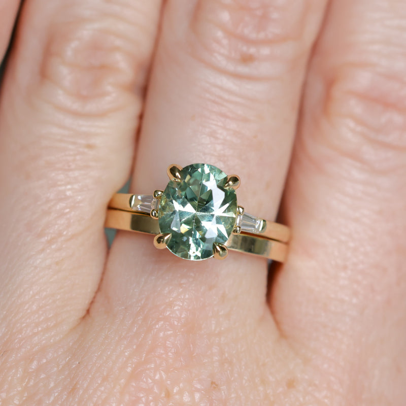 3.50ct Oval Untreated Montana Sapphire and Tapered Baguette Diamond Stackable 4 Prong Ring With Euro Shank in 18k Yellow Gold