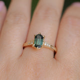 1.59ct Green Hexagon Madagascar Sapphire and Diamond Vintage Cathedral Six Prong Ring in 14k Yellow Gold
