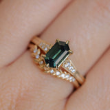 1.59ct Green Hexagon Madagascar Sapphire and Diamond Vintage Cathedral Six Prong Ring in 14k Yellow Gold