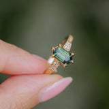1.59ct Green Hexagon Madagascar Sapphire and Diamond Vintage Cathedral Six Prong Ring in 14k Yellow Gold