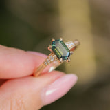 1.59ct Green Hexagon Madagascar Sapphire and Diamond Vintage Cathedral Six Prong Ring in 14k Yellow Gold