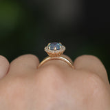 2.35ct Oval Glowy Teal Blue Untreated Nigerian Sapphire Antique-Style Diamond Halo Ring in 14k Yellow Gold