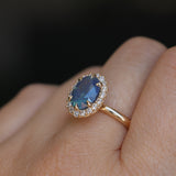 2.35ct Oval Glowy Teal Blue Untreated Nigerian Sapphire Antique-Style Diamond Halo Ring in 14k Yellow Gold
