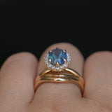 2.35ct Oval Glowy Teal Blue Untreated Nigerian Sapphire Antique-Style Diamond Halo Ring in 14k Yellow Gold