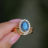 2.35ct Oval Glowy Teal Blue Untreated Nigerian Sapphire Antique-Style Diamond Halo Ring in 14k Yellow Gold