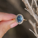 2.35ct Oval Glowy Teal Blue Untreated Nigerian Sapphire Antique-Style Diamond Halo Ring in 14k Yellow Gold
