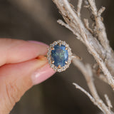 2.35ct Oval Glowy Teal Blue Untreated Nigerian Sapphire Antique-Style Diamond Halo Ring in 14k Yellow Gold