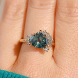 2.57ct Untreated Blue Wide Trillion Montana Sapphire and Antique Diamond Mountainscape Ring in 14k Yellow Gold