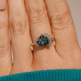 2.57ct Untreated Blue Wide Trillion Montana Sapphire and Antique Diamond Mountainscape Ring in 14k Yellow Gold
