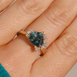 2.57ct Untreated Blue Wide Trillion Montana Sapphire and Antique Diamond Mountainscape Ring in 14k Yellow Gold