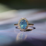 2.35ct Oval Glowy Teal Blue Untreated Nigerian Sapphire Antique-Style Diamond Halo Ring in 14k Yellow Gold
