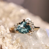 2.57ct Untreated Blue Wide Trillion Montana Sapphire and Antique Diamond Mountainscape Ring in 14k Yellow Gold