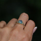 2.03ct Asscher Cut Untreated Sapphire and Trillion Diamond Antique Compass Set Low Profile Ring in 14k Green Gold