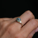 2.03ct Asscher Cut Untreated Sapphire and Trillion Diamond Antique Compass Set Low Profile Ring in 14k Green Gold
