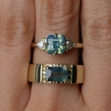 2.03ct Asscher Cut Untreated Sapphire and Trillion Diamond Antique Compass Set Low Profile Ring in 14k Green Gold