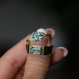 2.03ct Asscher Cut Untreated Sapphire and Trillion Diamond Antique Compass Set Low Profile Ring in 14k Green Gold