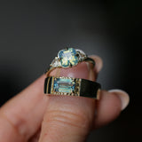 2.03ct Asscher Cut Untreated Sapphire and Trillion Diamond Antique Compass Set Low Profile Ring in 14k Green Gold
