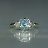 2.03ct Asscher Cut Untreated Sapphire and Trillion Diamond Antique Compass Set Low Profile Ring in 14k Green Gold