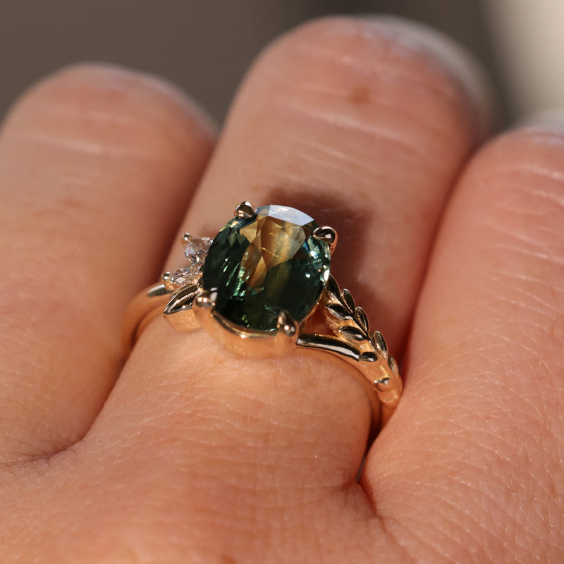 3.07ct Untreated Oval Madagascar Sapphire in Wandering Vine Low Profile 4 Prong Setting with Diamonds in 14k Yellow Gold