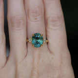 7.19ct Oval Light Teal Seafoam Madagascar Sapphire and Princess Cut Diamond Rapids Low Profile Ring in 18k Yellow Gold