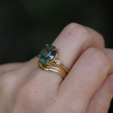 7.19ct Oval Light Teal Seafoam Madagascar Sapphire and Princess Cut Diamond Rapids Low Profile Ring in 18k Yellow Gold