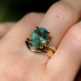 7.19ct Oval Light Teal Seafoam Madagascar Sapphire and Princess Cut Diamond Rapids Low Profile Ring in 18k Yellow Gold