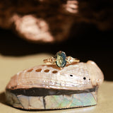 1.45ct Parti Australian Fantasy Cut Sapphire and White Australian Kite Sapphire Antique Milgrain Three Stone Low Profile Ring in 18k Yellow Gold