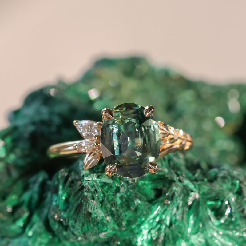 3.07ct Untreated Oval Madagascar Sapphire in Wandering Vine Low Profile 4 Prong Setting with Diamonds in 14k Yellow Gold